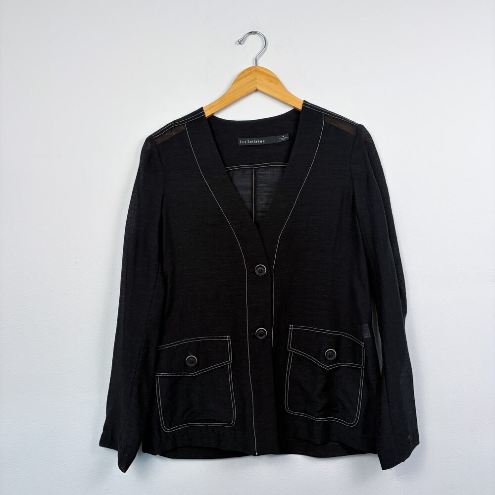 Iris Setlakwe Linen Blend Contrast Stitch Button Up Jacket 4